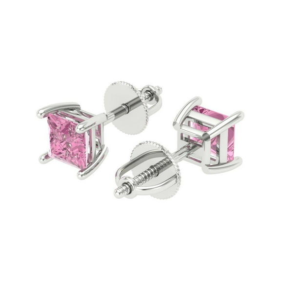 1.5 Ct Princess Cut Studs Pink Crystal 14K White Solid Gold Everyday Dainty Earrings Screw Back