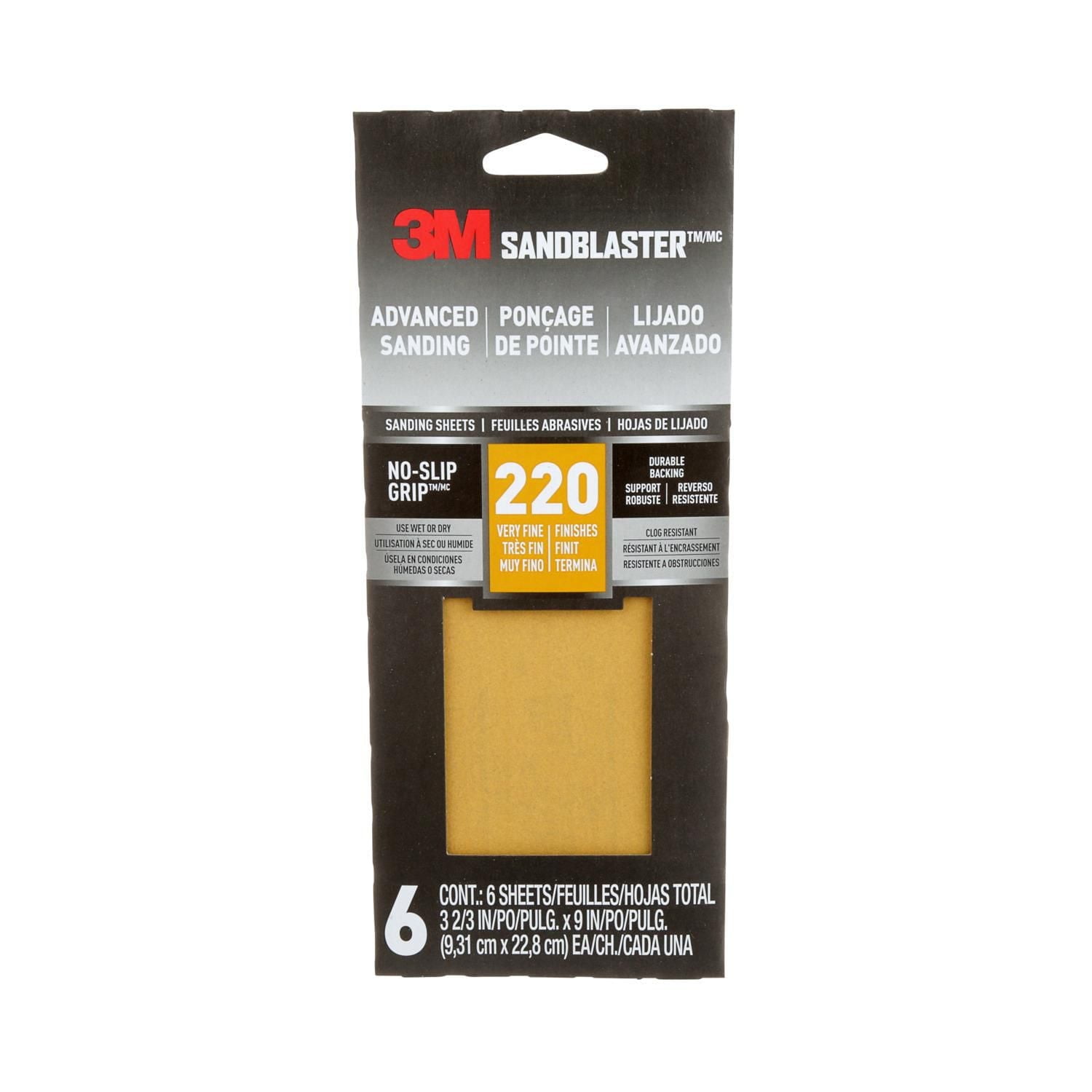 Feuilles abrasives avancées 11220-G-6 SandBlaster(MC) 3M(MC), avec NO-SLIP GRIP, grain 120 3 2/3 po x 9 po, 6/paquet