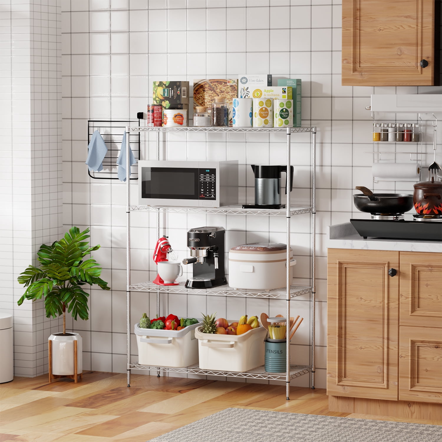 BestOffice 4 Tier Shelving Unit 35.4"L x 13.3"W x 53.7"H Metal Shelving Standing Storage Shelf with 4 Steel Frame Adjustable Layer Kitchen, Garage (Chrome)