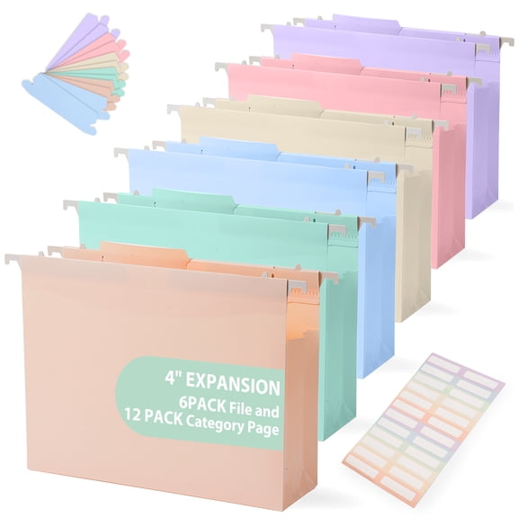 BrilhoGlee 6 Pack Extra Capacity Plastic Hanging File Folders, 4" Expanding Accordian Pocket with Insert Gasket, Reinforced Hanging Folder Organizer with Adjustable Tab for File Cabinet, Drawer