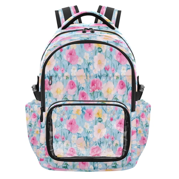 Qxltty Pastel Pink Floral Backpack School Bookbag with Clear PVC Front Pocket, Laptop Compartment, Water Resistant Travel Daypack for Students