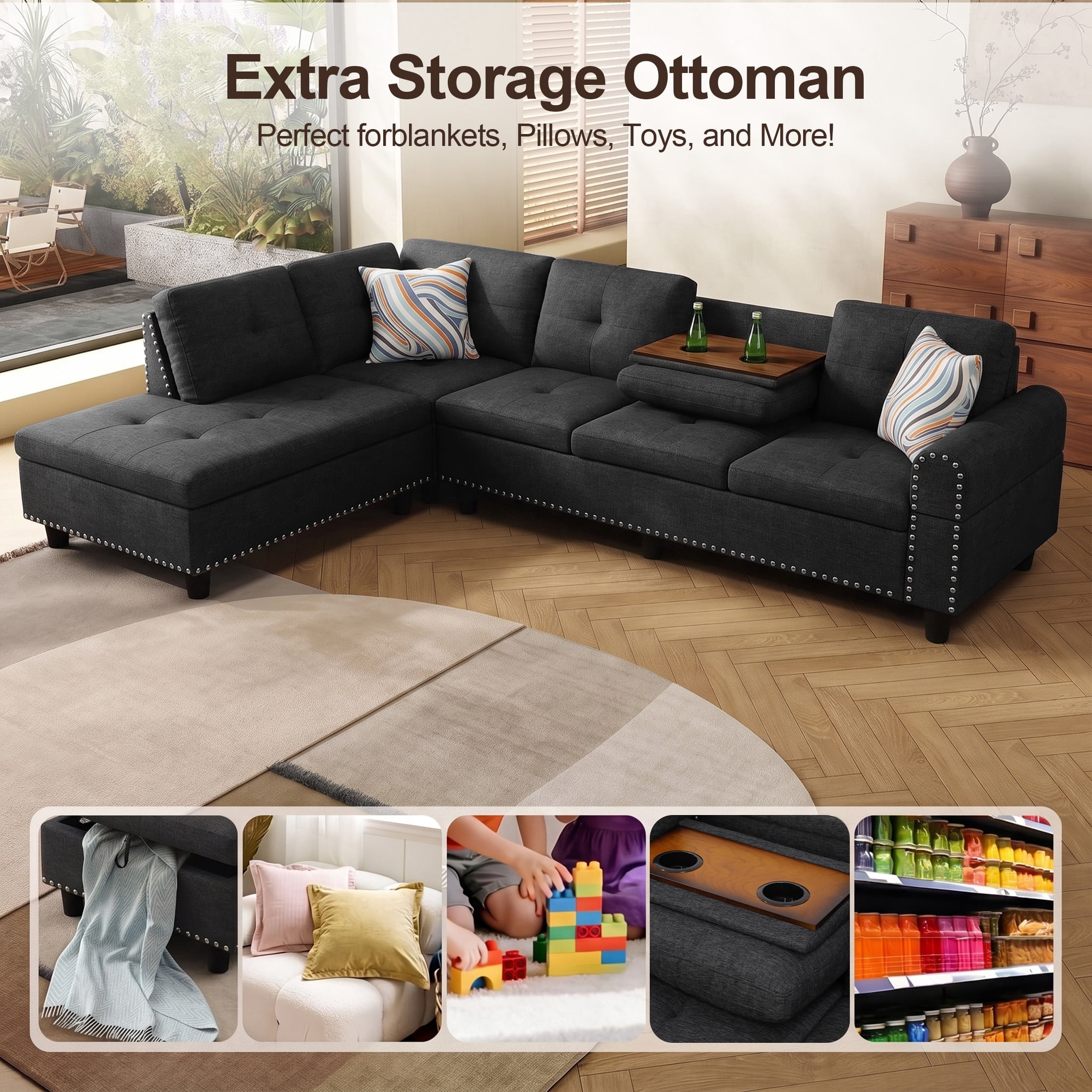 AENKYO 98" L-Shaped Sectional Sofa with Reversible Chaise and Cup Holders, Linen, Black Gray