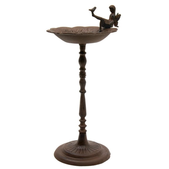 Rustic Cast Iron Fairy Pixie Sitting On Flower Dish Garden Bird Feeder Bath 21"H