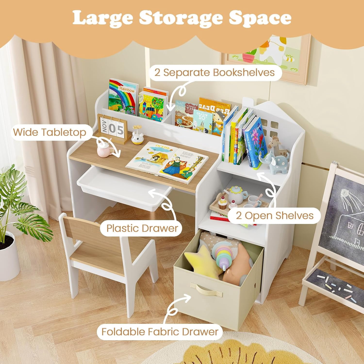 OLAKIDS Kids Table and Chair Set, Toddler Art Craft Play Wood Activity Desk with Chairs Storage Canvas Bin for Writing Drawing, Children Furniture for Daycare Nursery Boys Girls 3+