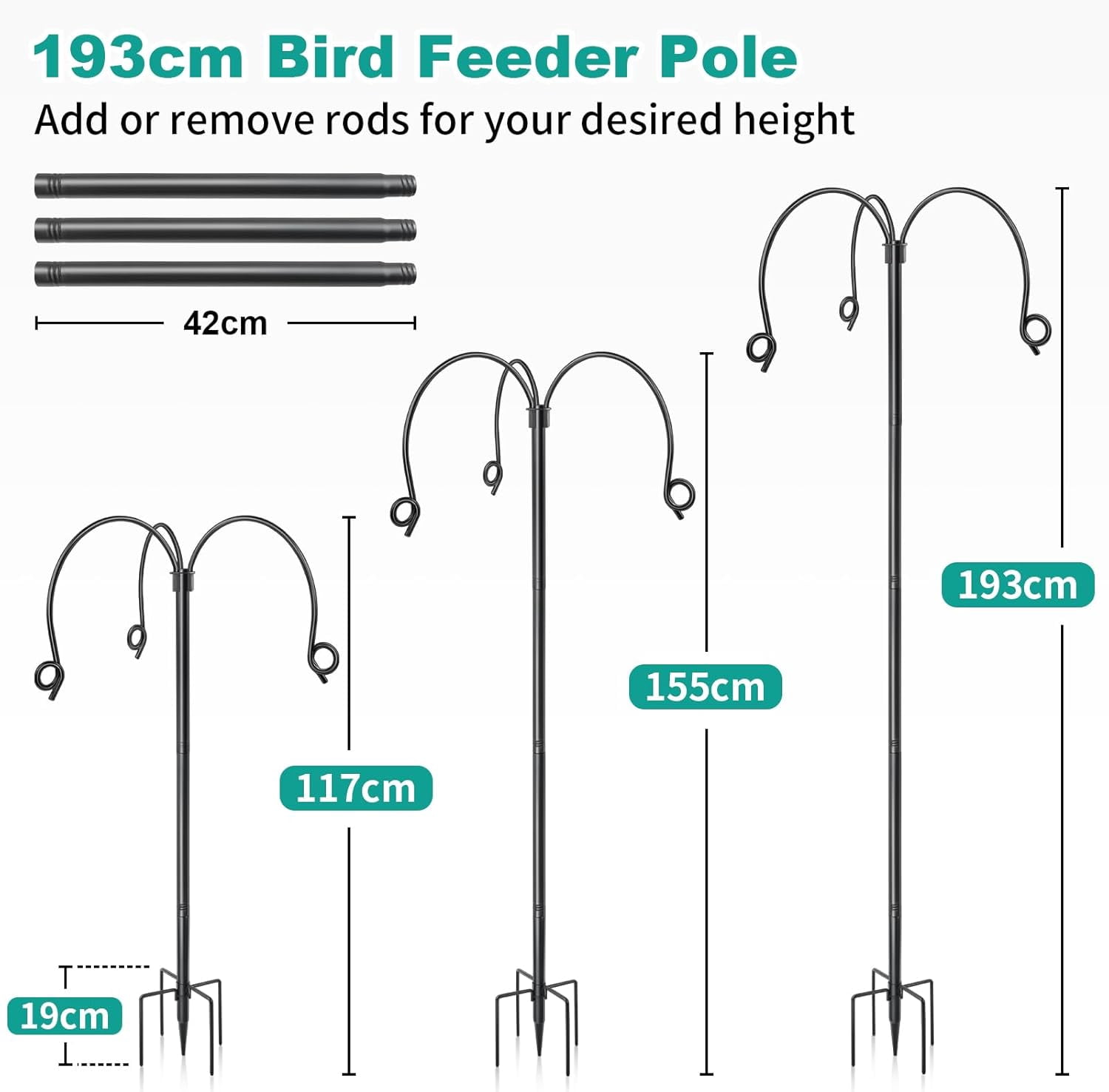 KOLAKO Bird Feeder Pole Stand, Heavy Duty Bird Feeding Station Large Metal Shepherds Hooks for Garden, Wind Proof 76 inch, Black