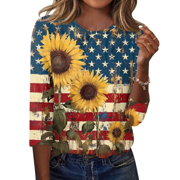 250th Anniversary USA Shirts for Women 3/4 Sleeve T Shirts Casual USA Flag Print Pullover 4th of July Celebration Party Tops Independence Day Patriotic Round Neck Blouses Yellow 2XL