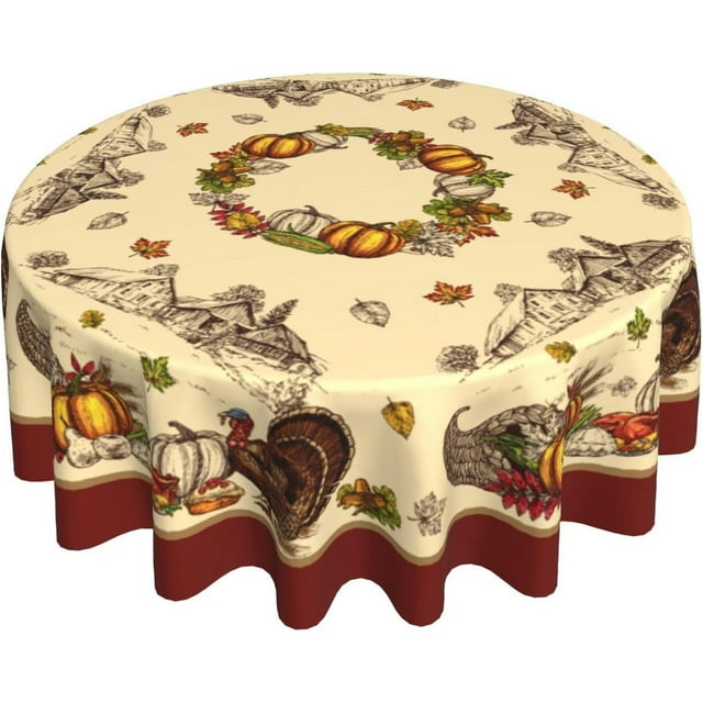 Thanksgiving Round Tablecloth Rustic Fall Turkey Autumn Pumpkins Harvest Reusable Heat Resistant Waterproof Table Cloth Cover 60Inch for Kitchen Dining Holiday Farmhouse Decor