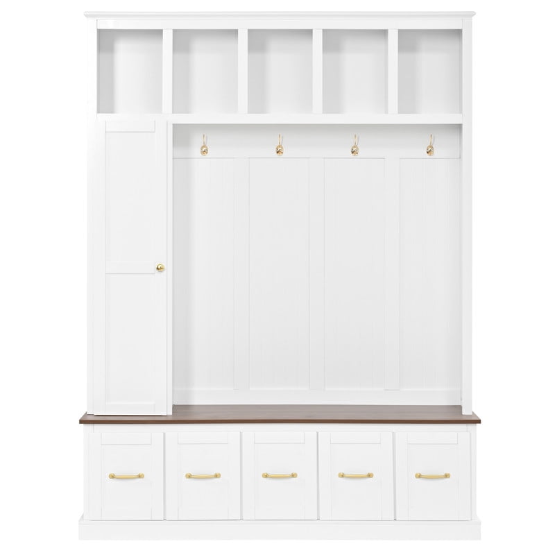 Farmhouse Hall Tree with Open Cubbies, Entryway Coat Rack with Hooks, Multi-Functional Mudroom Organizer with Storage Drawers for Shoes, Bags and Accessories