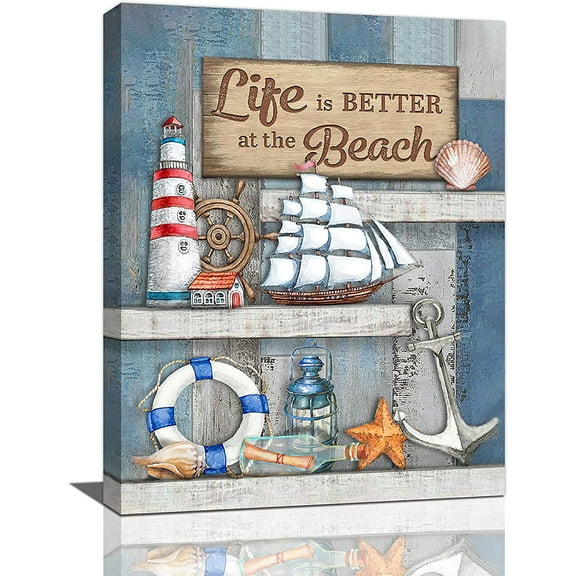 Nautical Bathroom Decor Beach Wall Art Anchor Lighthouse Ocean Seashells Bathroom Pictures For Wall Coastal Artwork Canvas Print For Bathroom Living Room Bedroom Office Framed 12"x16"