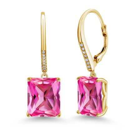 Gem Stone King 13.30 Ct Pink Created Sapphire White Diamond 18K Yellow Gold Plated Silver Earrings