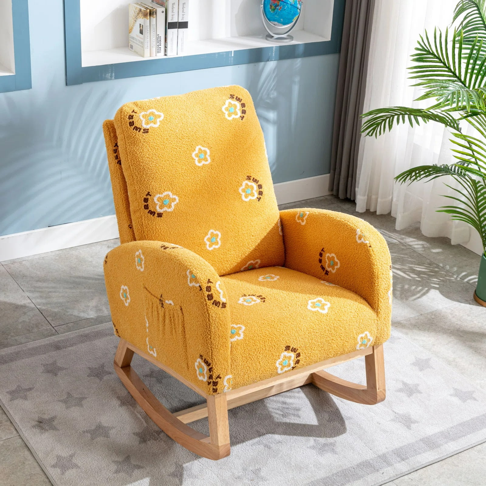 Semiocthome Modern Nursery Rocking Chair,Wood Armchair W/ Side Pocket