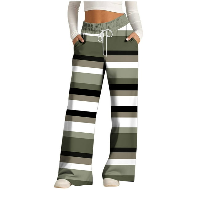 Women's Fashion Striped Print Drawstring Wide-Leg Loose Casual Pocket Pants