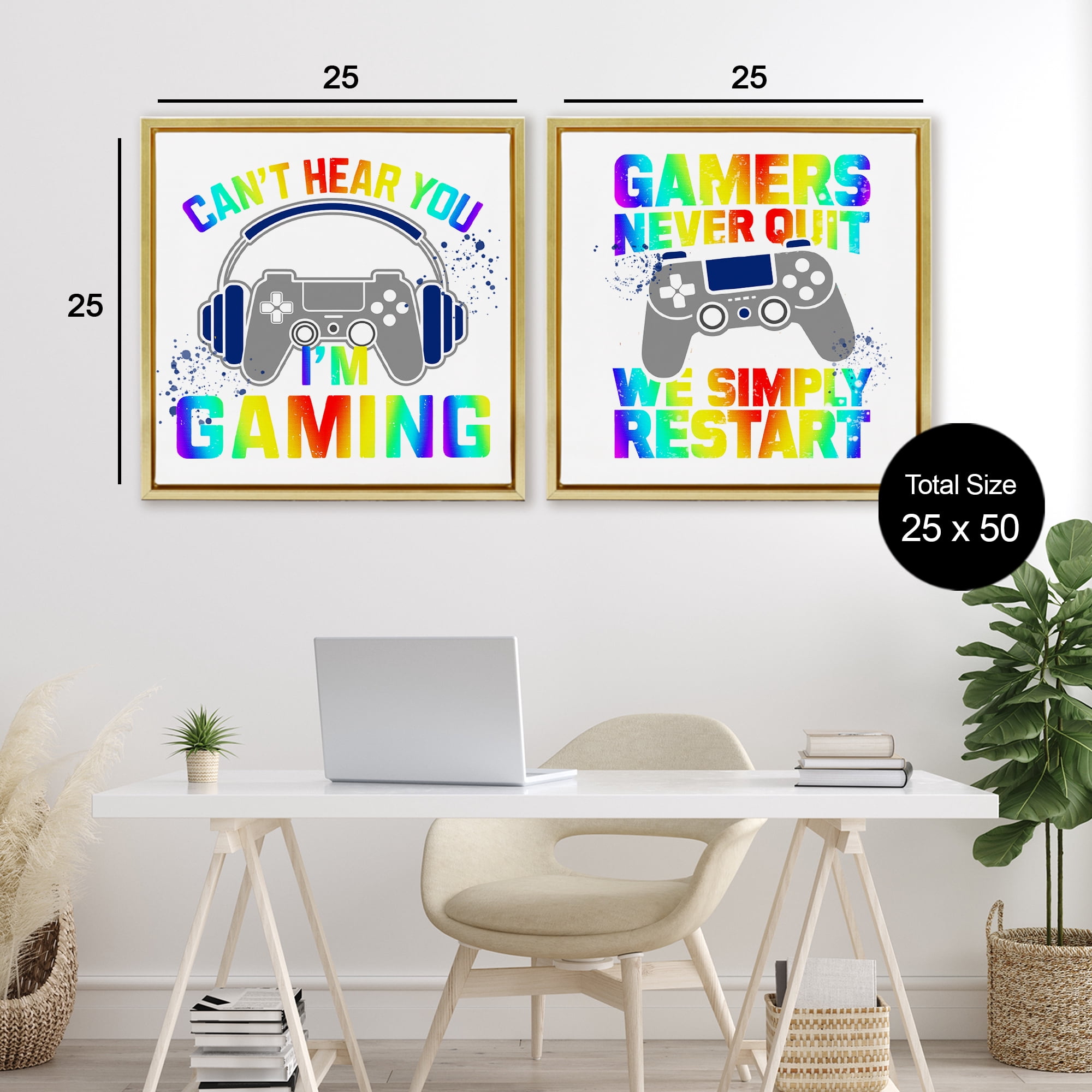 Rainbow Retro Gaming Phrases 2 Piece Gold Framed Floater Canvas Set, design by Kim Allen