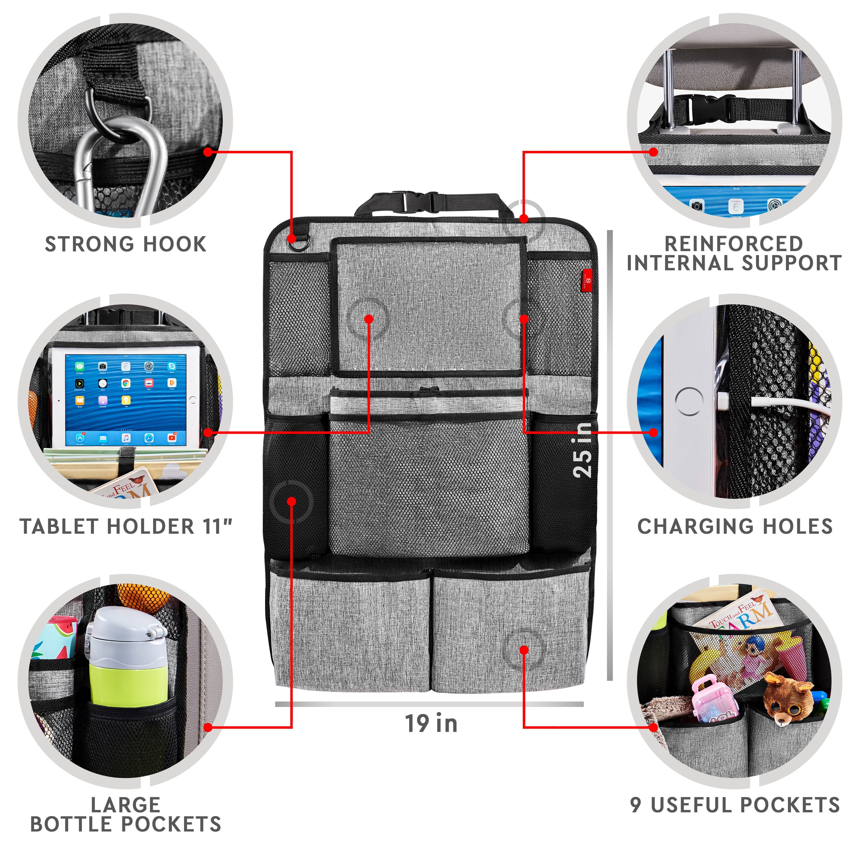 Helteko Backseat Car Organizer with 9 Storage Pockets, Polyester, 25 in x 19 in, 2 pack, Gray