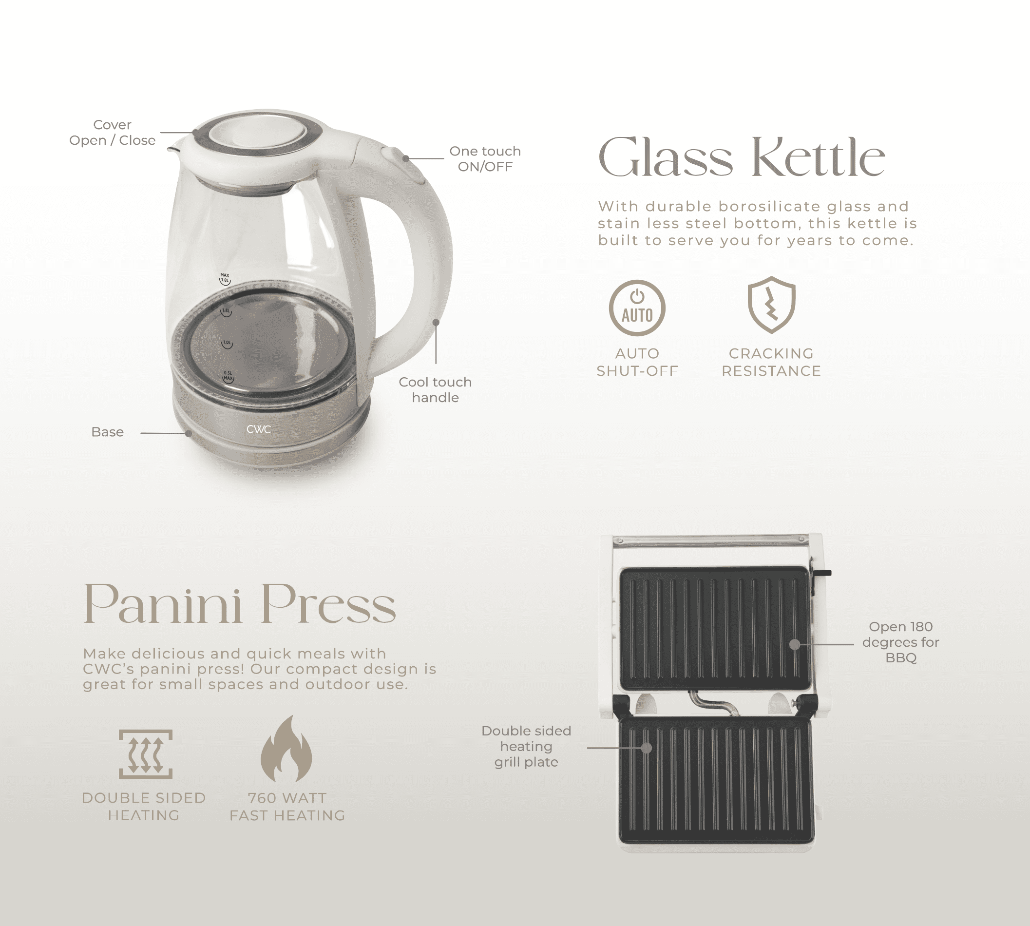 COOK WITH COLOR Compact Egg Boiler, Glass Kettle, & Panini Kitchen Grill Set, 3-piece set, Cream