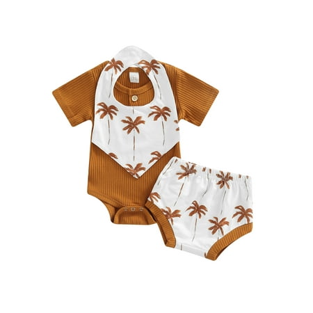 

jaweiw Baby Boy Girls 3PCS Summer Clothes Set Plain Ribbed Short Sleeve Buttons Romper Tree High Waist Triangle Pants Snap Triangle Bibs