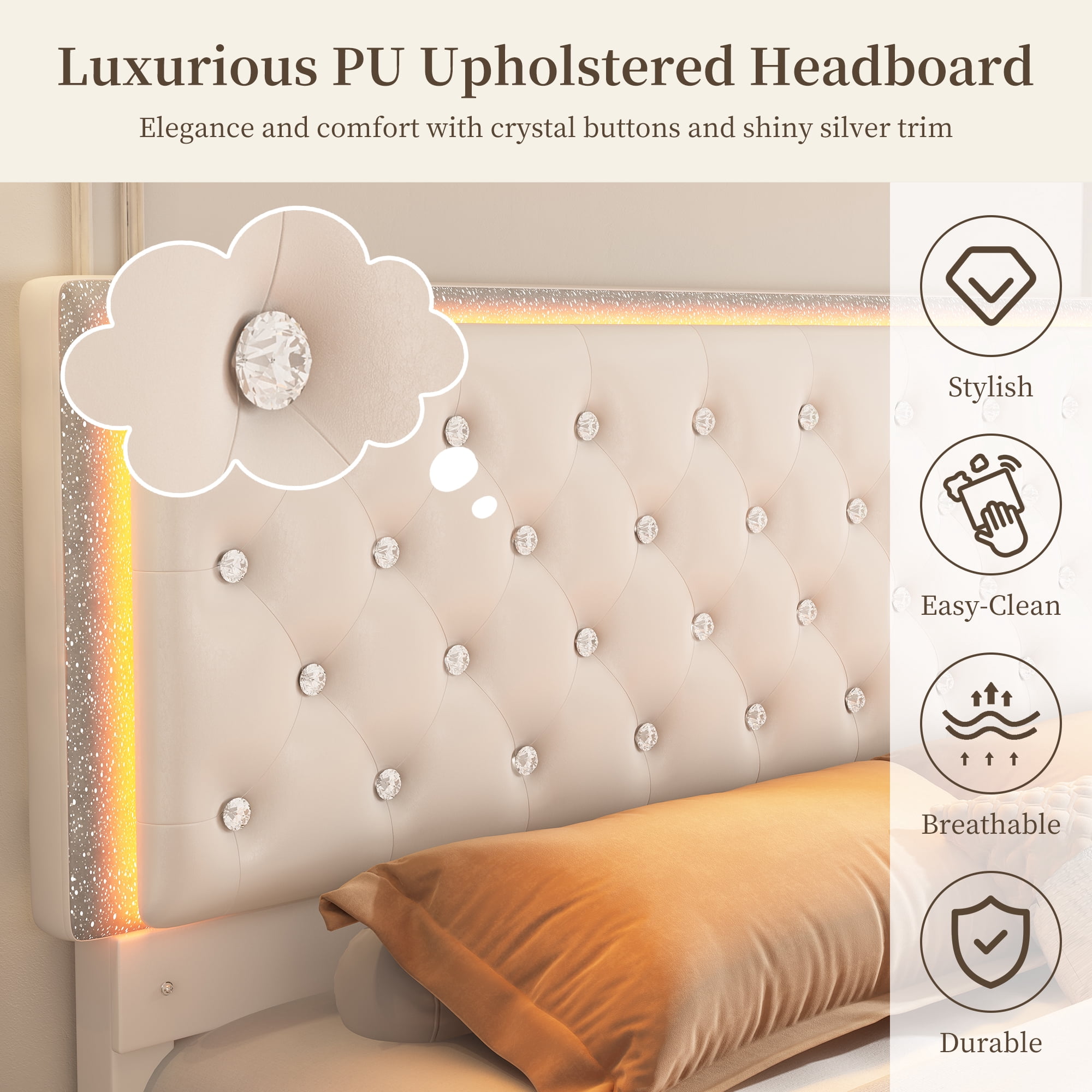 SIBEDS Full Upholstered LED Bed Frame with 2 Storage Drawers, PU Leather White Diamond Tufted Headboard, RGB Lights, Noise Free, No Box Spring Needed