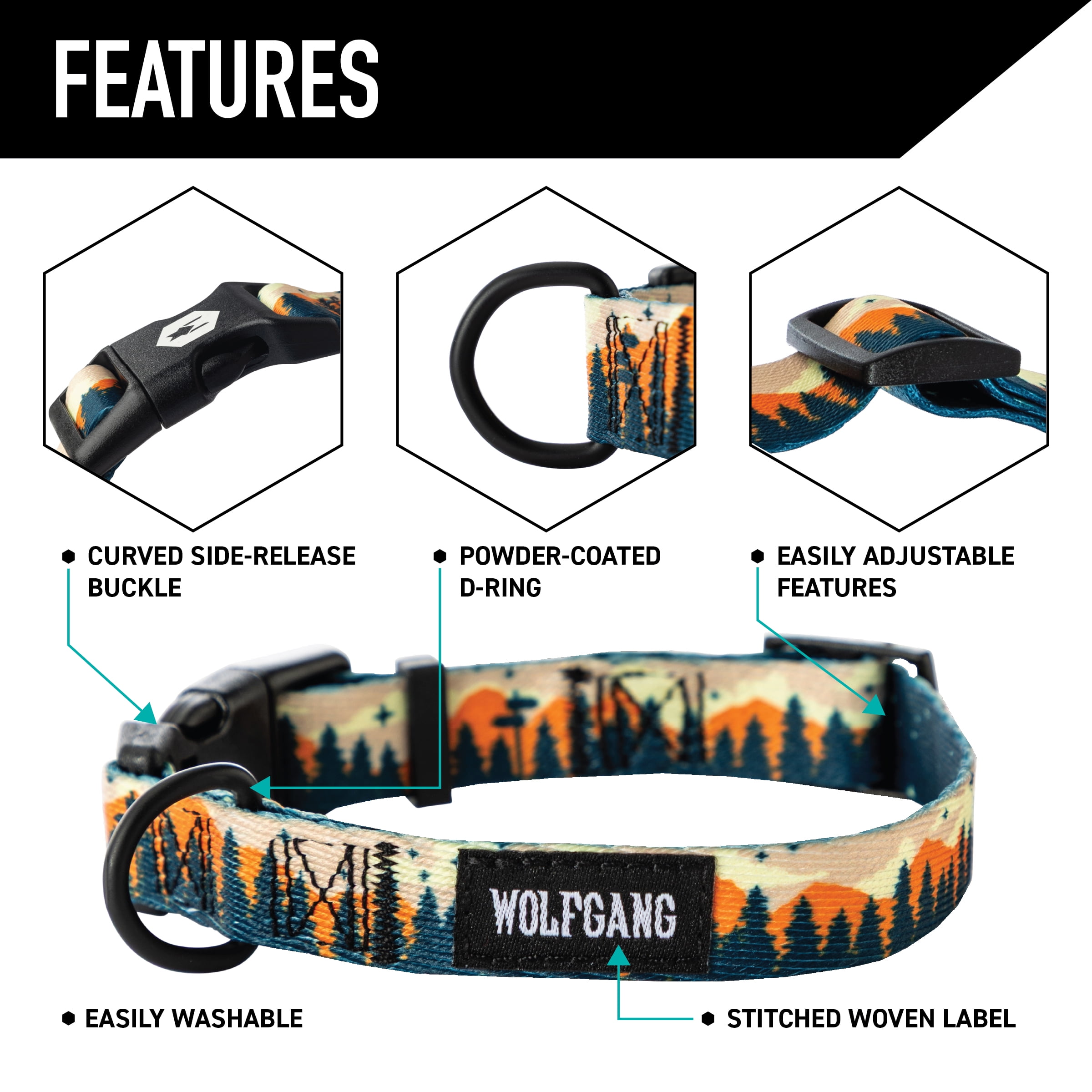 Wolfgang Heavy Duty Martingale Dog Collar with Quick Release Nylon Buckle for Walking & Training, Overland Print, Large