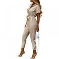 thumbnail image 3 of Xmarks Jumpsuits for Women Elegant Short Sleeve Button Down Casual Long Wide Leg Pants with Belt, Beige, S, 3 of 8