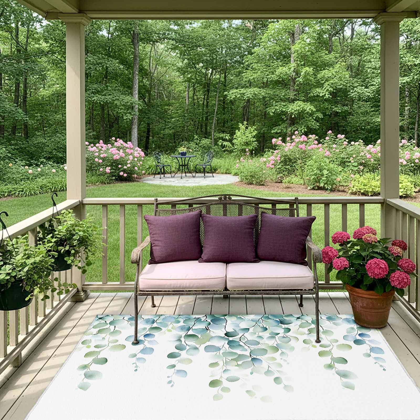 Outdoor Rug 5x8ft Sage Green Eucalyptus Leaves Large Area Rug Watercolor Green Plant Indoor Outdoor Carpet Outdoor Rugs Mats for Patio Camping,RV,Front Door, Outside Decor