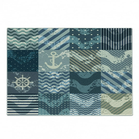 Nautical Cutting Board, Marine Theme Wave Patterns in Patchwork Style Boxes Squares Striped Anchor Print, Decorative Tempered Glass Cutting and Serving Board, Small Size, Blue Beige, by Ambesonne