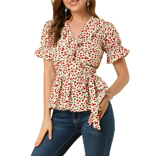 INSPIRE CHIC Women's Sweet Fruit Crossover V Neck Short Sleeves Ruffle Wrap Blouse