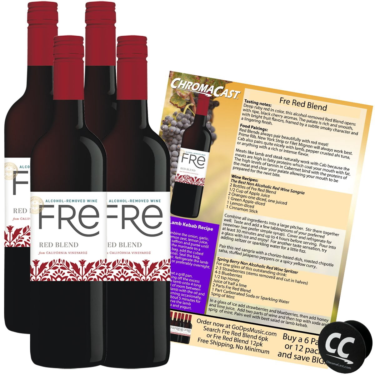 Sutter Home Fre Red Blend Non-Alcoholic Red Wine Experience Bundle with Chromacast Pop Socket, Seasonal Wine Pairings & Recipes, 12/750ML, 4-Pack