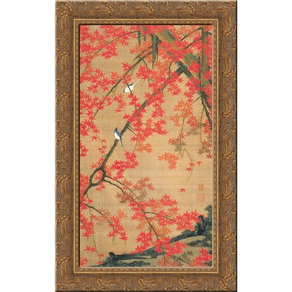 Maple Tree and Small Birds 24x16 Gold Ornate Wood Framed Canvas Art by Ito Jakuchu