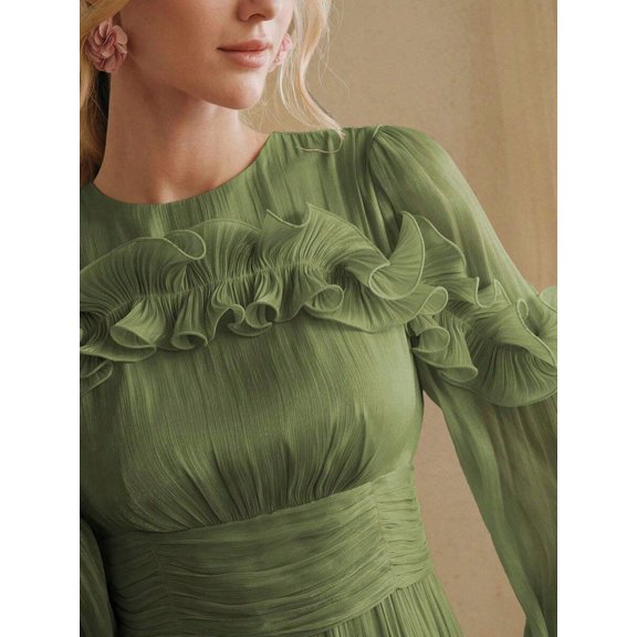 Green Long Elegant Ruffled Hem Romantic Long Sleeve Dress
