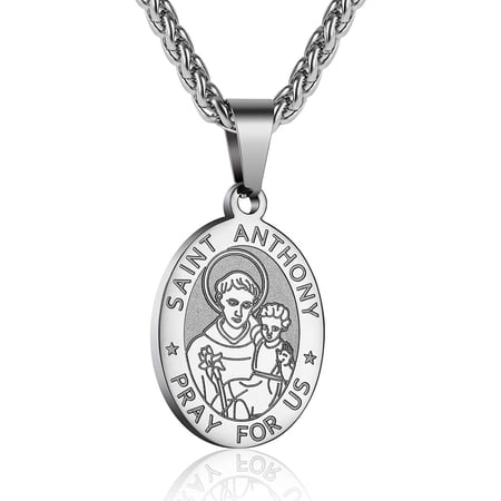 APSVO Silver Saint St Anthony Necklaces for Men Boys Stainless Steel Medal Pendant Chain Christian Religious Catholic Birthday First Communion Graduation Fathers Day Jewelry Gifts Teen Him Dad Kids