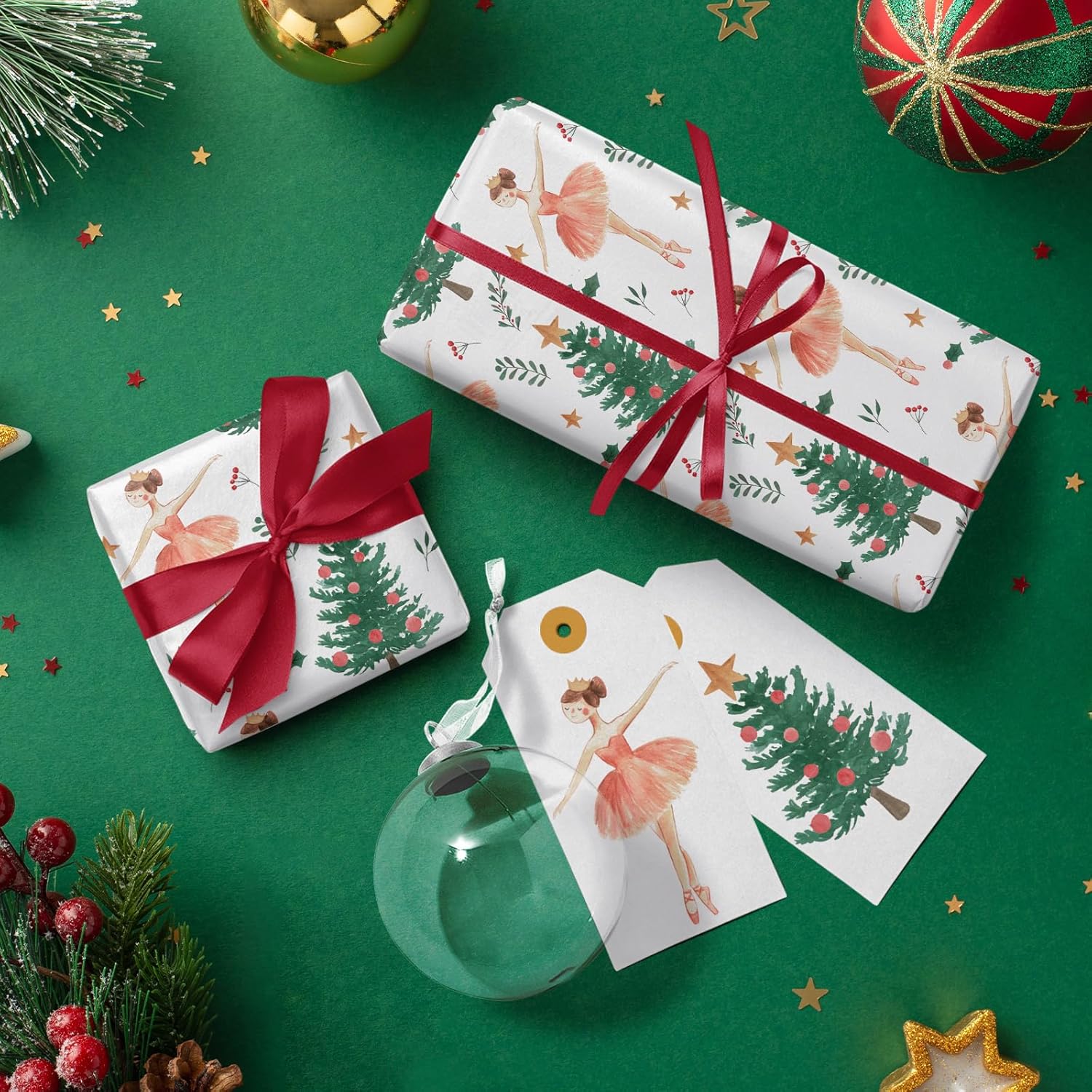 Kraft Christmas Wrapping Paper - Mini Roll - 17 Inch x 33 Feet - Sugar Plum Fairy Wrapping Paper with Christmas Tree Design for Holiday, Party Celebration
