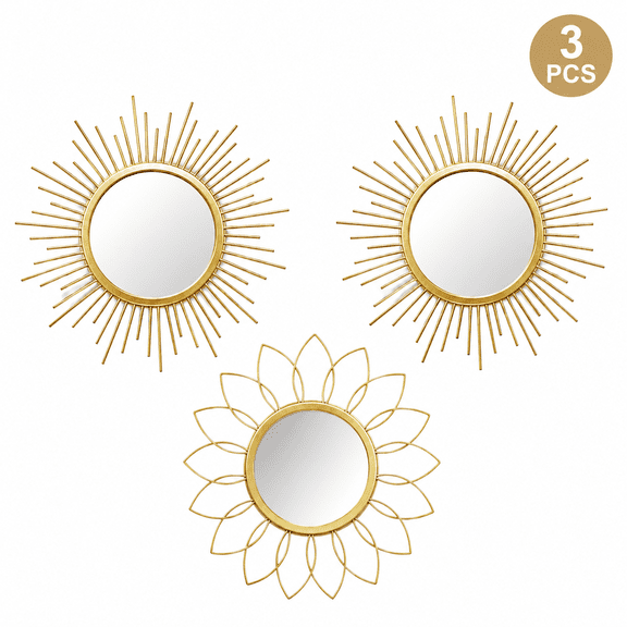 Sunburst Mirrors Metal Wall Art Decor Bohemian Modern Decorative Gold Mirror for Bedroom Living Room Hallway Bathroom Balcony 3 Pcs