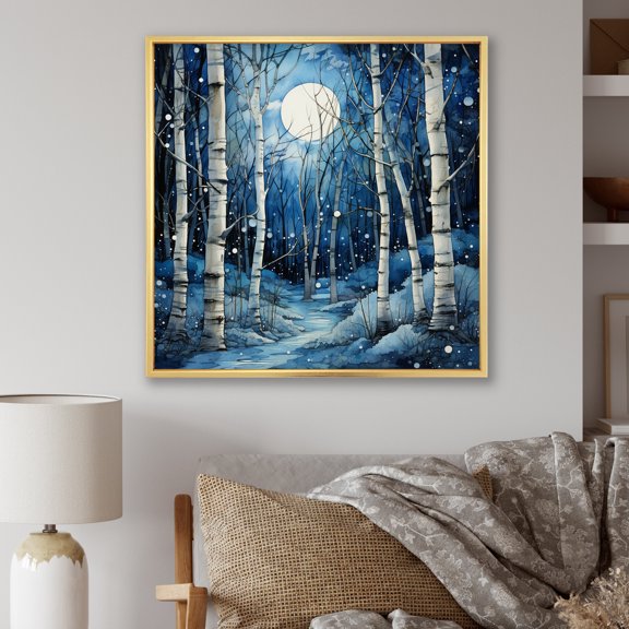 Designart "Mystic Moonlight Birch Woods I" Landscapes Floater Framed Wall Art Print