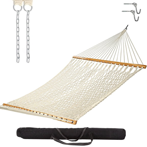 Castaway Living 13 ft L x 55 in W 2 Person Traditional Hand Woven Cotton Rope Hammock W/ Extension Chains, Tree Hooks