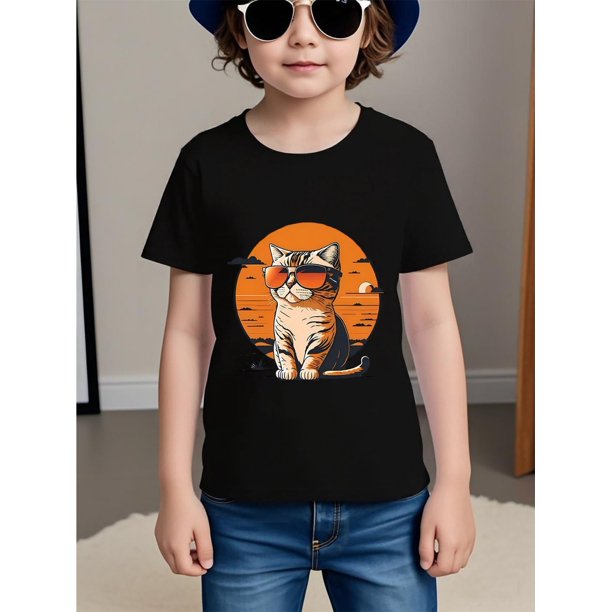 Boy'S Casual Summer T-Shirt - Breathable Cotton, Unisex Graphic Print with Glasses Cat Design, Short Sleeve, Round Neck, All-Season Comfort, Casual Wear | Cat Graphic Shirt | Comfortable Clothing