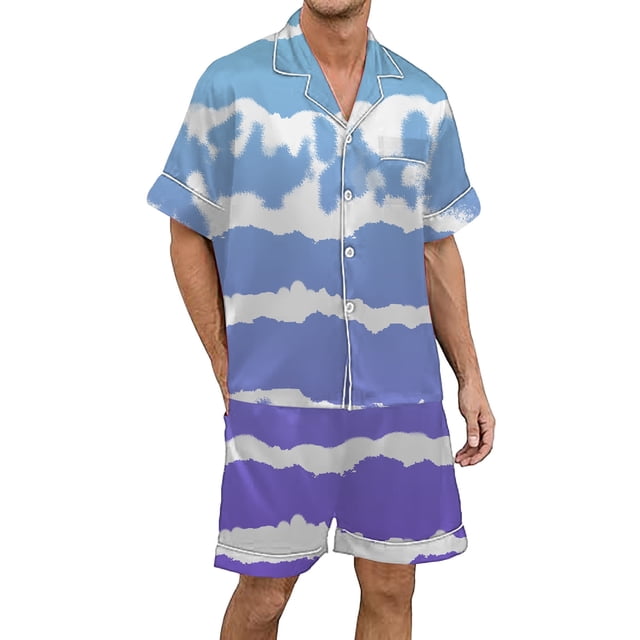 Men's Gradient Printed Satin Short Sleeve Button Up Pajama Loungewear Set for Comfortable Sleep and Relaxation at Home