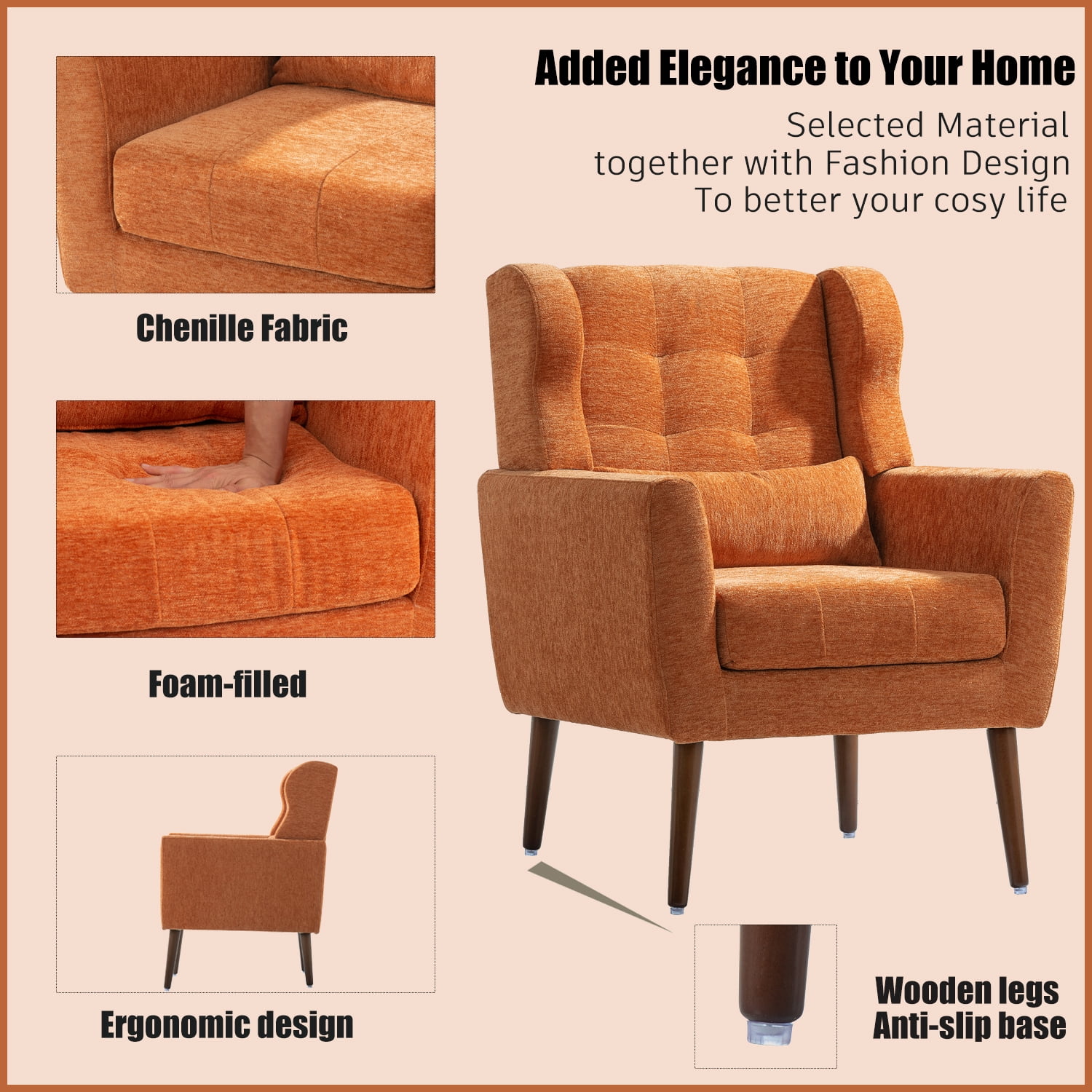 DEALTOPS Upholstered Accent Chair Modern Armchair with Chenille Fabric Lounge for Bedroom-Orange