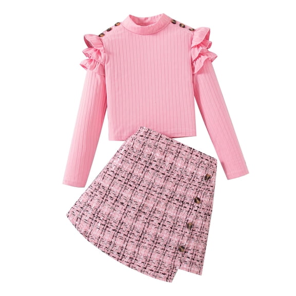 Yaoqi 7T Big Girl Outfit Set 8T Child Girls Winter Clothes Ruffle Long Sleeves Knitted Top Plaid Hearts Button Skirt 2pcs Warm Clothing Pink