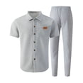 thumbnail image 4 of Mens Summer Waffle Knit Business 2 Piece Set Casual Outfits Button Down Short Sleeve Shirt & Loose Drawstring Pants Textured Striped Tracksuit Walking Suits Big and Tall Size S-3XL Gray, 4 of 5