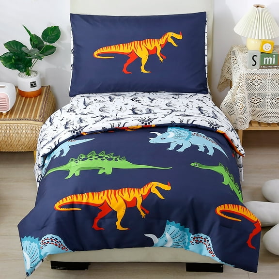 PERFEMET 4-Piece Toddler Bedding Set - Ultra Soft Cartoon Jurassic Dinosaur Print Boys Toddler Comforter Set - Include Comforter, Flat Sheet, Fitted Sheet and Reversible Pillowcase, Blue Dinosaur