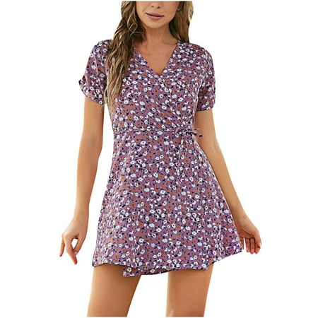 

Dopebox Casual Summer Dresses for Women Women s Fashion Causual One-Piece Wrap Skirt Floral Print Tie Lace Waist Short Sleeve Dress Purple M