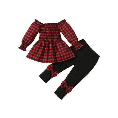 

XIAXAIXU Toddler Baby Girls Christmas Plaid Outfits Long Sleeve Tops Bow Pants 2PCS Clothes Sets