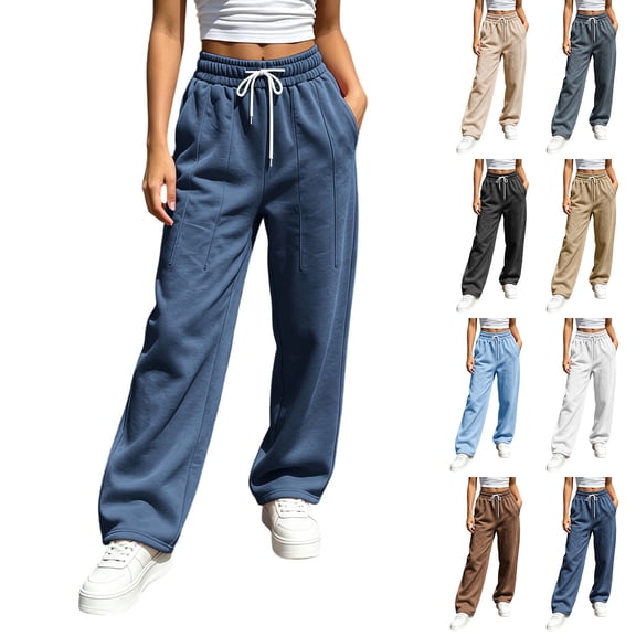Women's Drawstring High Waist Wide Leg Sweatpants Y2K Loose Casual Joggrt Pants Soft Athletic Streetwear Pants with Pocket Fall Outfit White