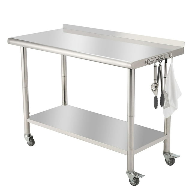 BeesClover Table en Acier Inoxydable pour Préparation et Travail avec Dosseret, Table de Cuisine Robuste avec Tablette et Pied Réglables pour Restaurant, Maison et Hôtel