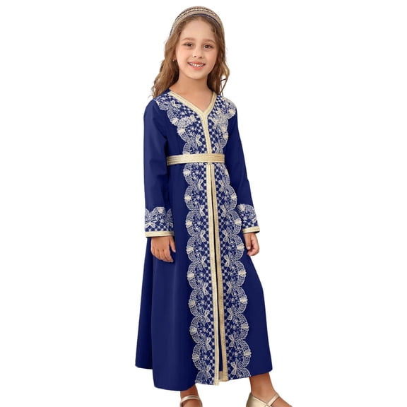 WAYUTE Girls' Dresses Elegant Embroidered Abaya Dress Long Sleeve Party Gown with Lace Trim Casual Outdoor