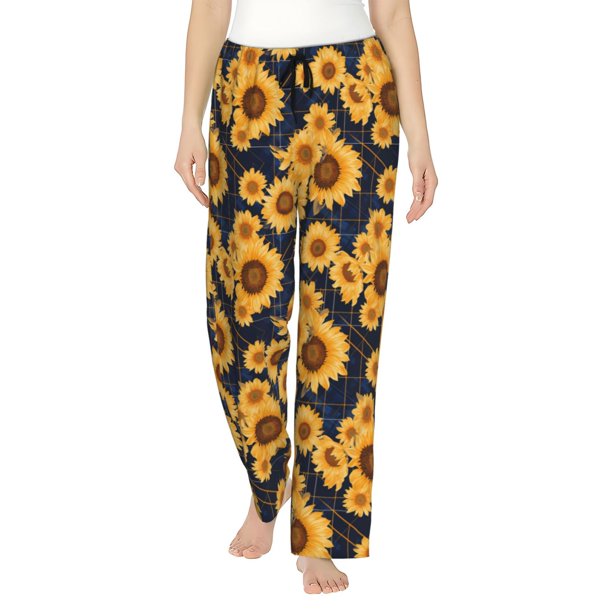 Balery Navy Blue Plaid Sunflower Pantalones de pijama para mujer, pijamas ultraligeros, pantalones de estar por casa-Large