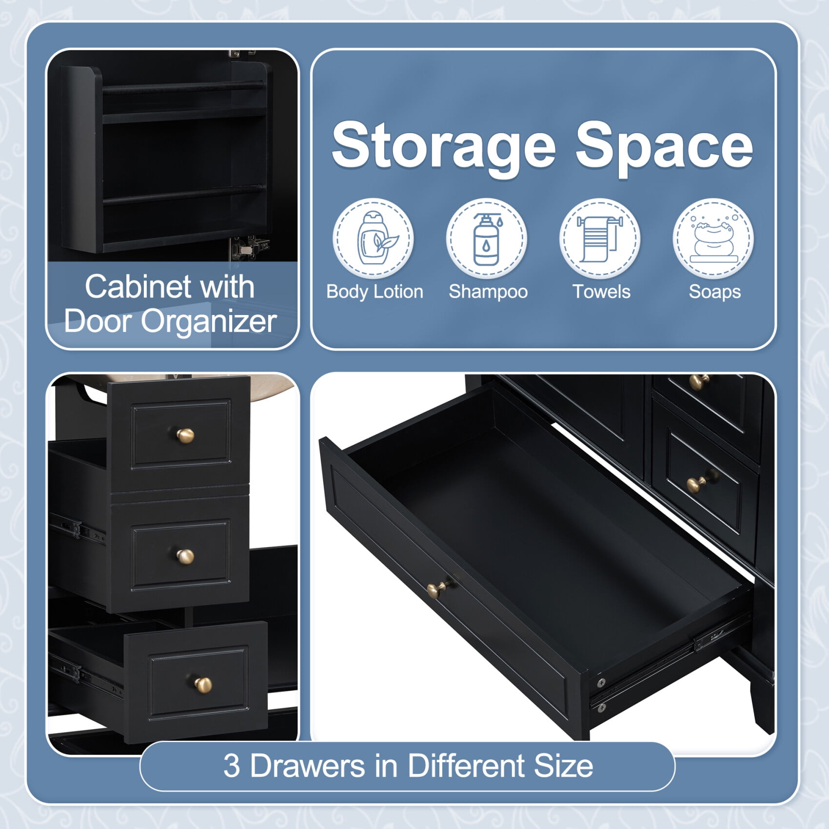 30 Inch Freestanding Bathroom Vanity with Ceramic Countertop, 3 Soft Close Drawers & Solid Wood Cabinet for Compact Spaces, Black