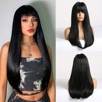 TyTqxy Long Straight Hair Black Wigs with Bangs Heat Resistant Hair Synthetic No Lace Wigs for Women, Wear and Go Glueless Wigs