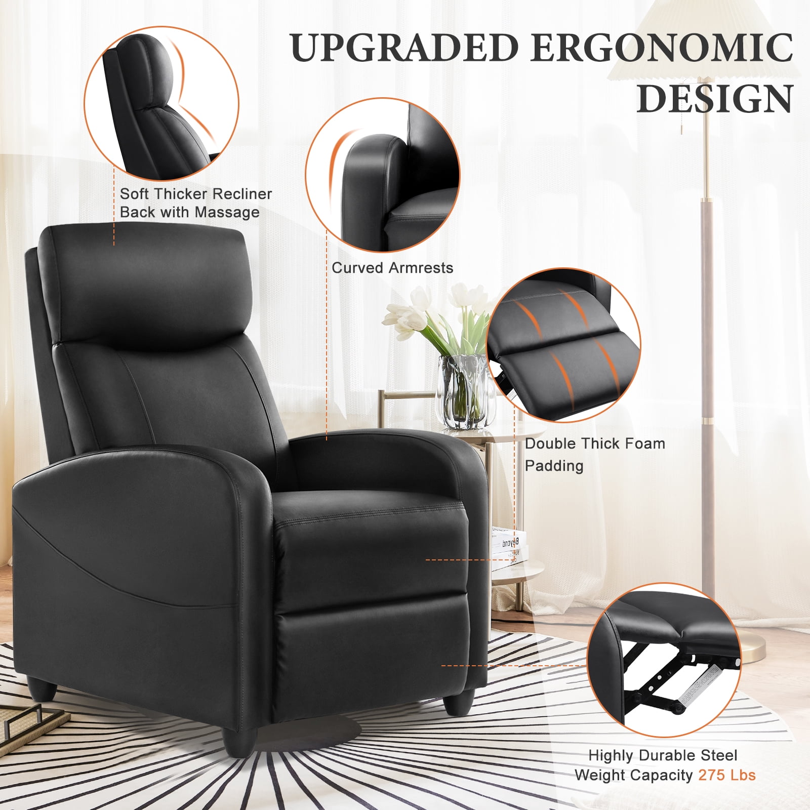 JOINSUN Modern Massage Recliner Chair with Vibration & 160° Lay-Flat Function – Space-Saving Small Sofa for Home Theater, Apartment, or Bedroom, 275lbs Weight Limit, Black