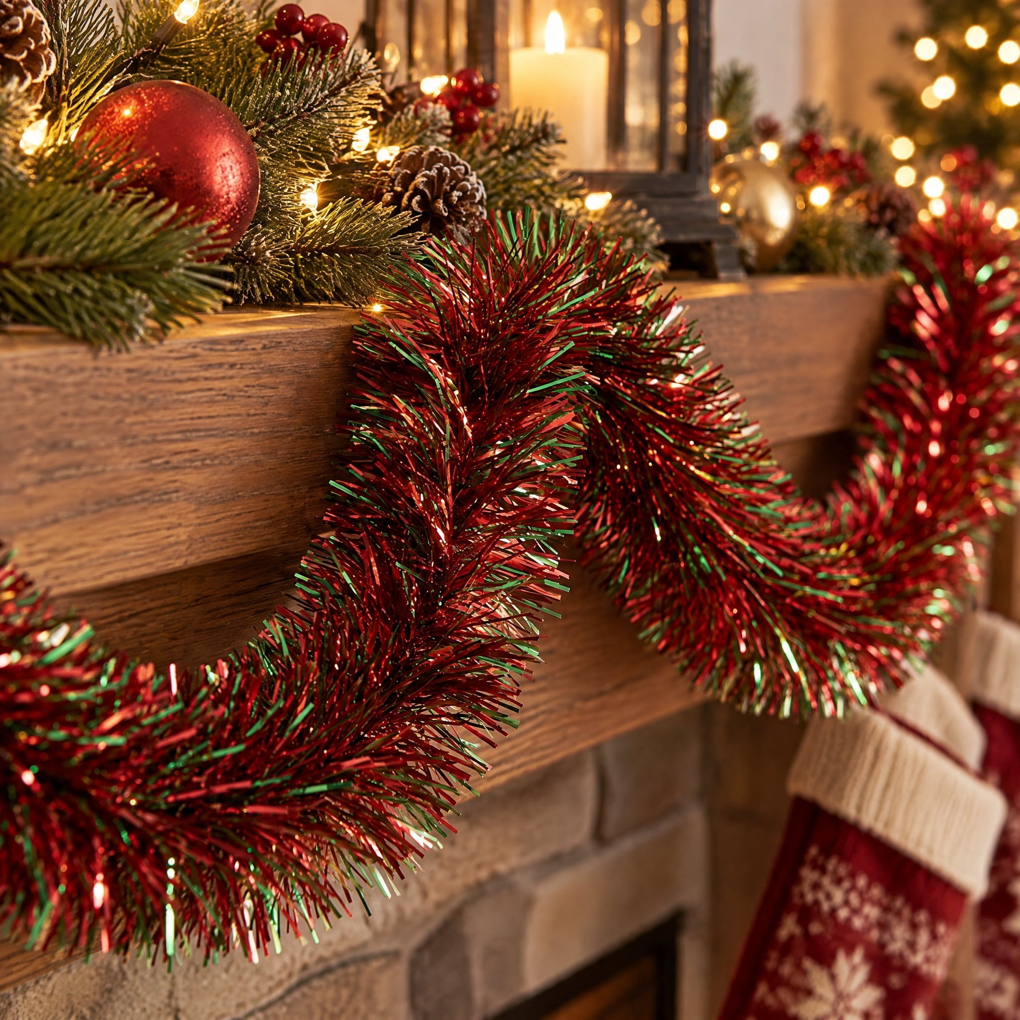 Tinsel Christmas Garland, Red and Green, 15', by Holiday Time